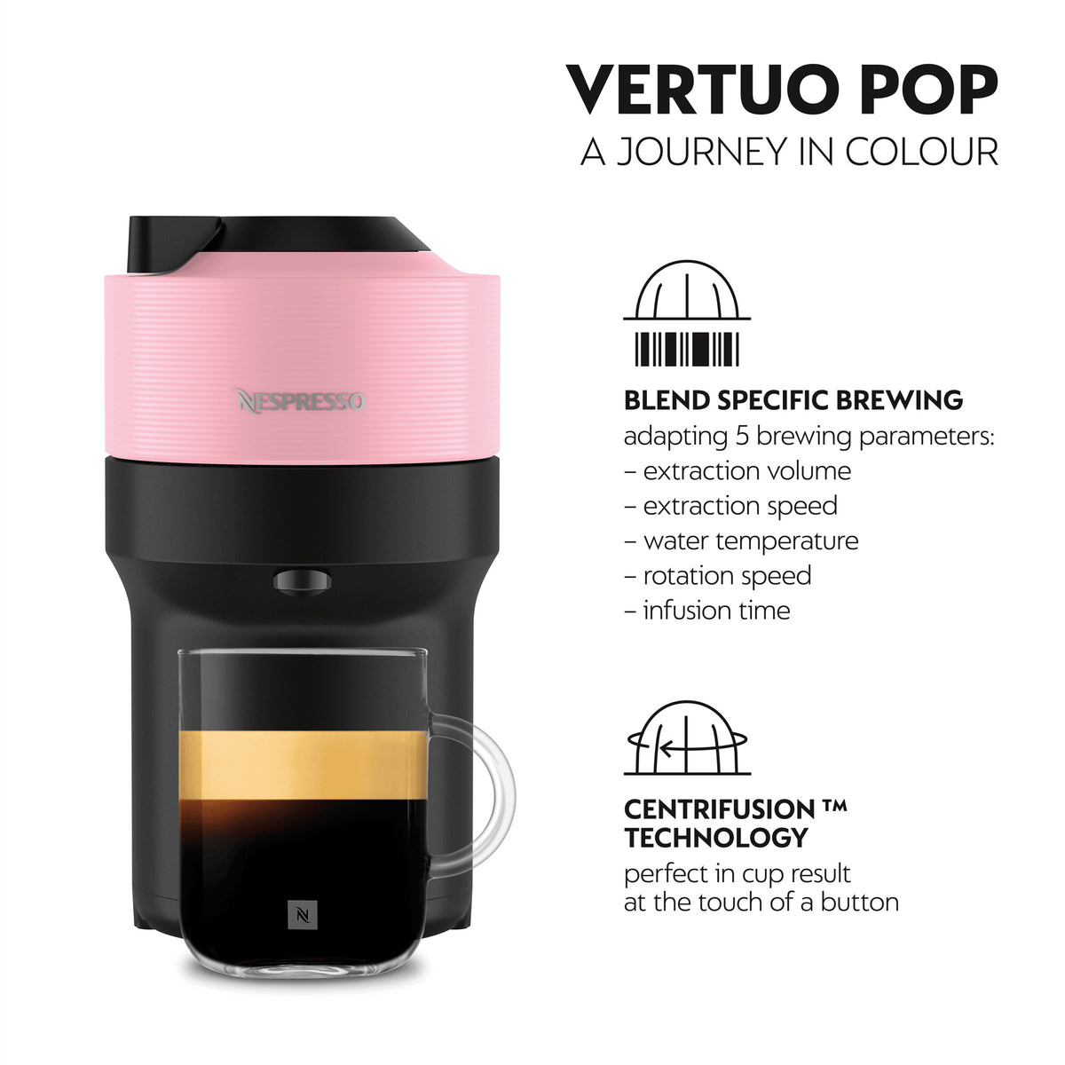 Delonghi Nespresso Vertuo Pop coffee machine in pink with a glass cup of espresso beneath the spout.
