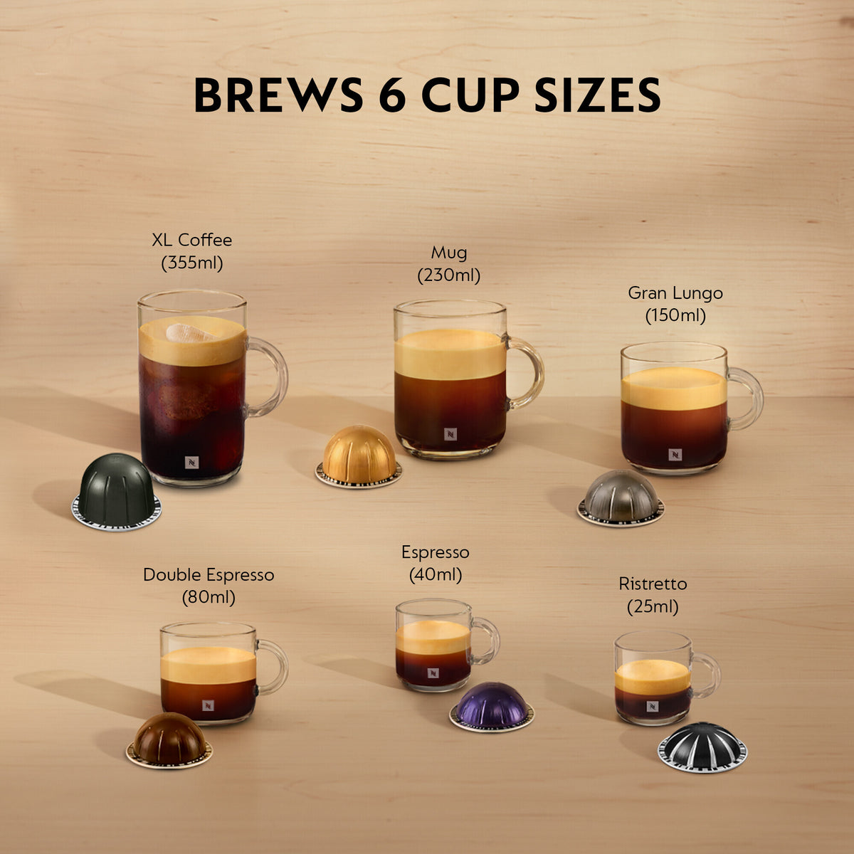 Six clear glass cups filled with different coffee sizes and matching Nespresso capsules on a wooden surface.