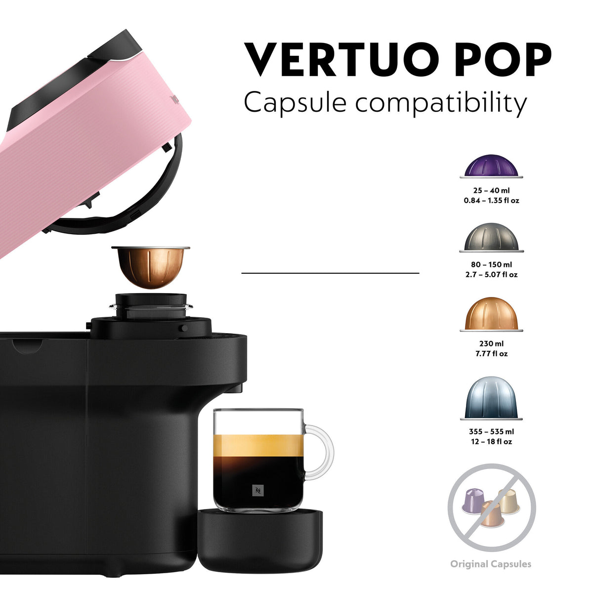 Delonghi Nespresso Vertuo Pop coffee machine in pink with a glass of espresso on the drip tray
