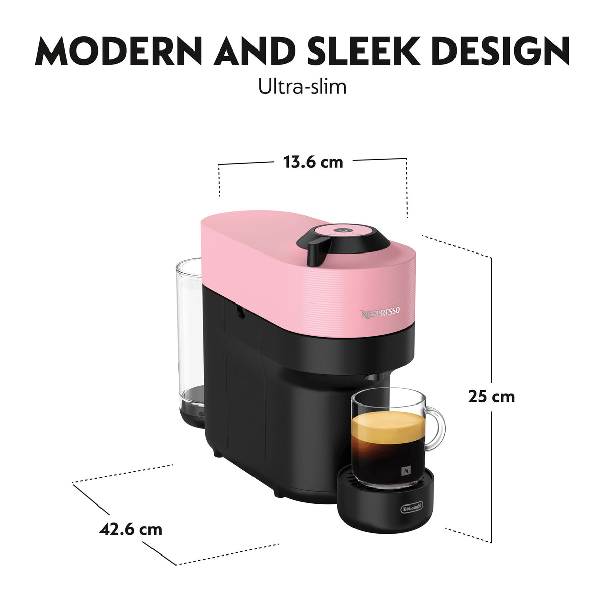 Delonghi Nespresso Vertuo Pop coffee machine in pink and black with a glass of espresso on the drip tray.