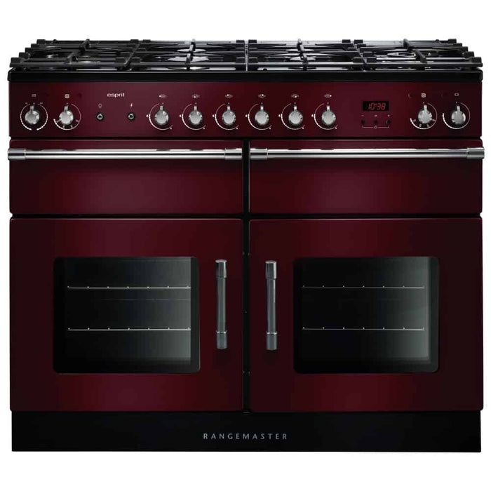 Rangemaster ESPRIT 110 dual fuel range cooker in burgundy with two ovens and seven control knobs