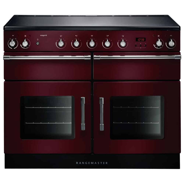 Rangemaster ESPRIT 110 induction range cooker in deep red with chrome trim and dual oven doors.
