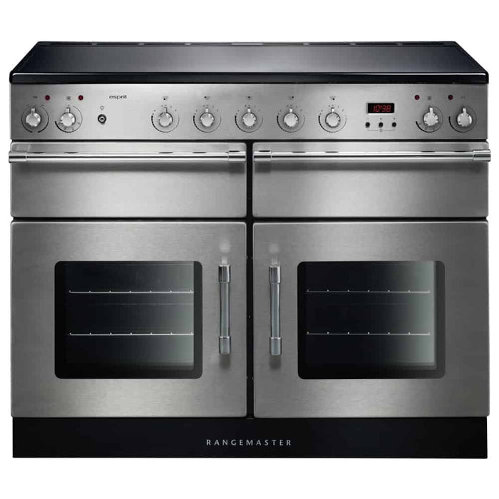 Rangemaster ESPRIT 110 induction range cooker in stainless steel with chrome trim, dual ovens, and control knobs.