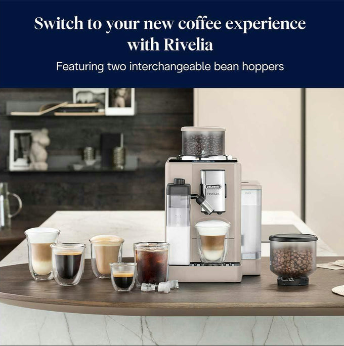 Rivelia coffee machine with interchangeable bean hoppers on a kitchen counter.