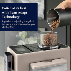 Coffee grinder with coffee beans being added, text about Bean Adapt Technology.