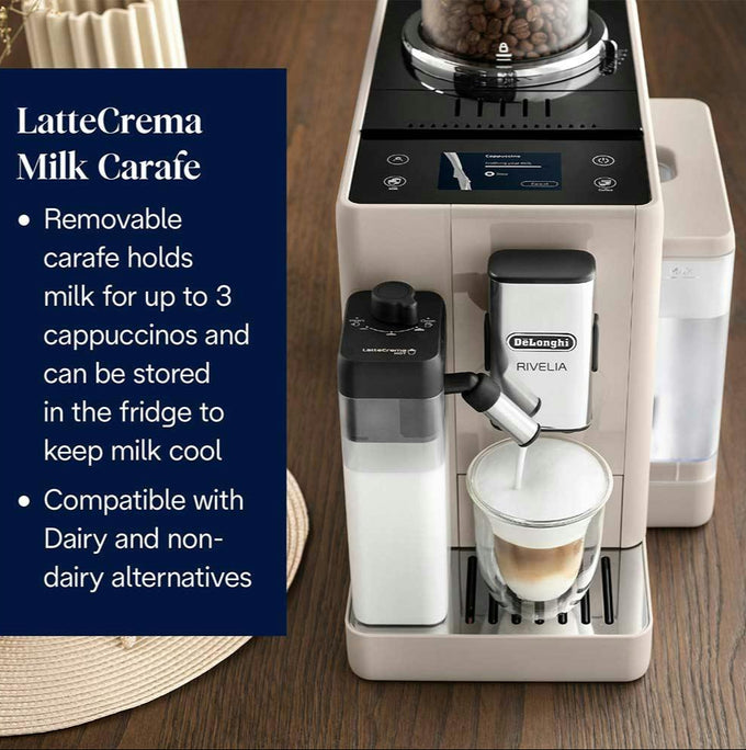 Coffee machine with LatteCrema Milk Carafe on a wooden surface