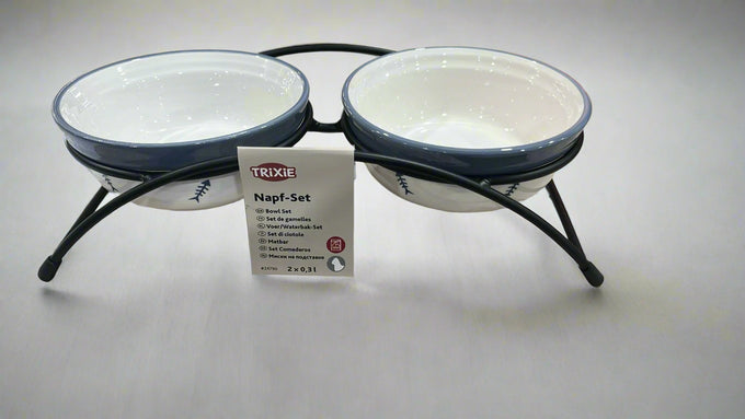 Eat On Feet Ceramic Pet Bowl Set with 2 red/black/cream bowls, black metal stand, non-slip rubber feet – Keans Claremorris