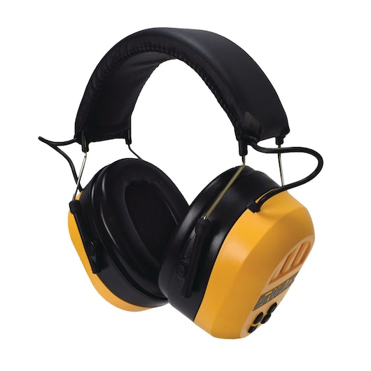 DeWalt DPG17 Bluetooth hearing protector earmuffs in yellow and black with padded headband and control buttons visible.