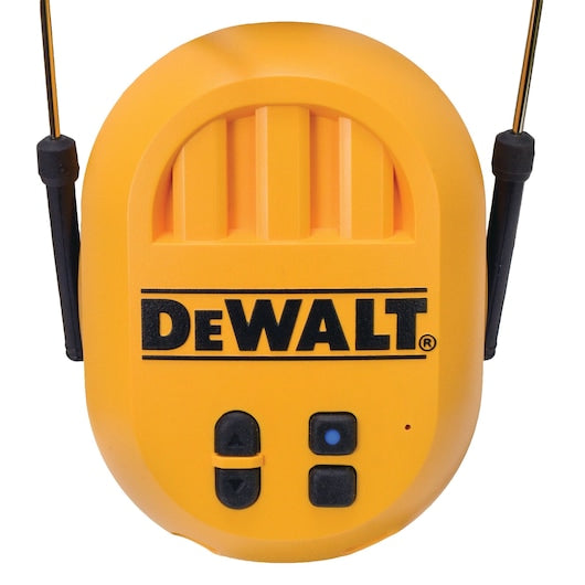 Close-up of yellow DeWalt DPG17 Bluetooth Hearing Protector earcup with control buttons and antennas.