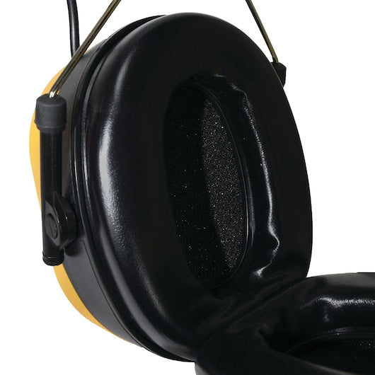Close-up of the black cushioned ear cup on the yellow DeWalt DPG17 Bluetooth Hearing Protector