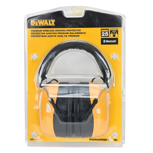 DeWalt DPG17 Bluetooth hearing protector in yellow and black, shown in clear retail packaging with product details.