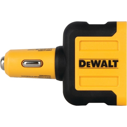 DeWalt 4-port 60W USB PD car charger in yellow and black, side view showing plug and logo.