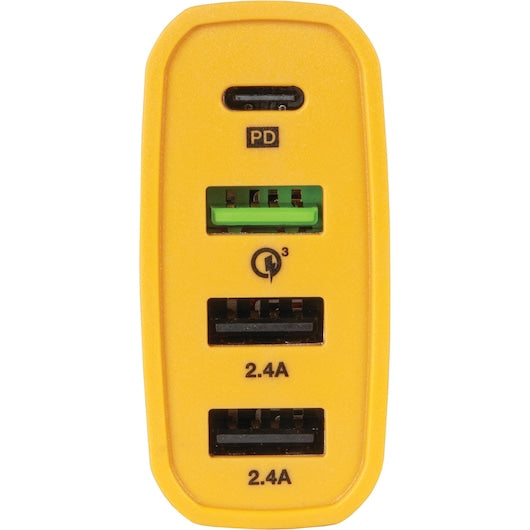 Front view of DeWalt 4-port yellow USB PD car charger showing USB-C and three USB-A ports with power labels.