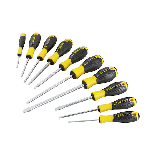 Stanley 10-piece screwdriver set with black and yellow comfort grip handles, arranged in a fan shape.