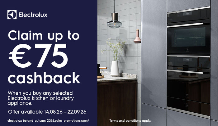 Promotional banner for Electrolux featuring a dark navy background with white text offering up to €75 cashback for kitchen or laundry appliances, alongside a narrow interior kitchen scene on the right.