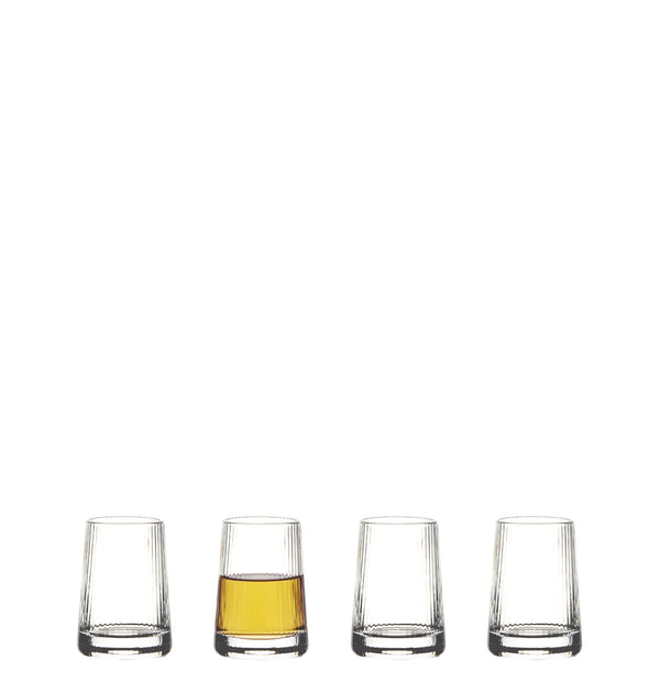 Set of 4 clear, handmade Empire shot glasses with rounded corners, 7cl capacity, gift boxed – Keans Claremorris.
