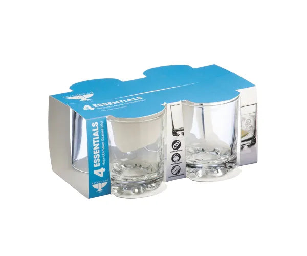 Essentials Hobnobs sleeve of 4 durable 25cl mixer glasses with bubble base, dishwasher safe – Keans Claremorris.