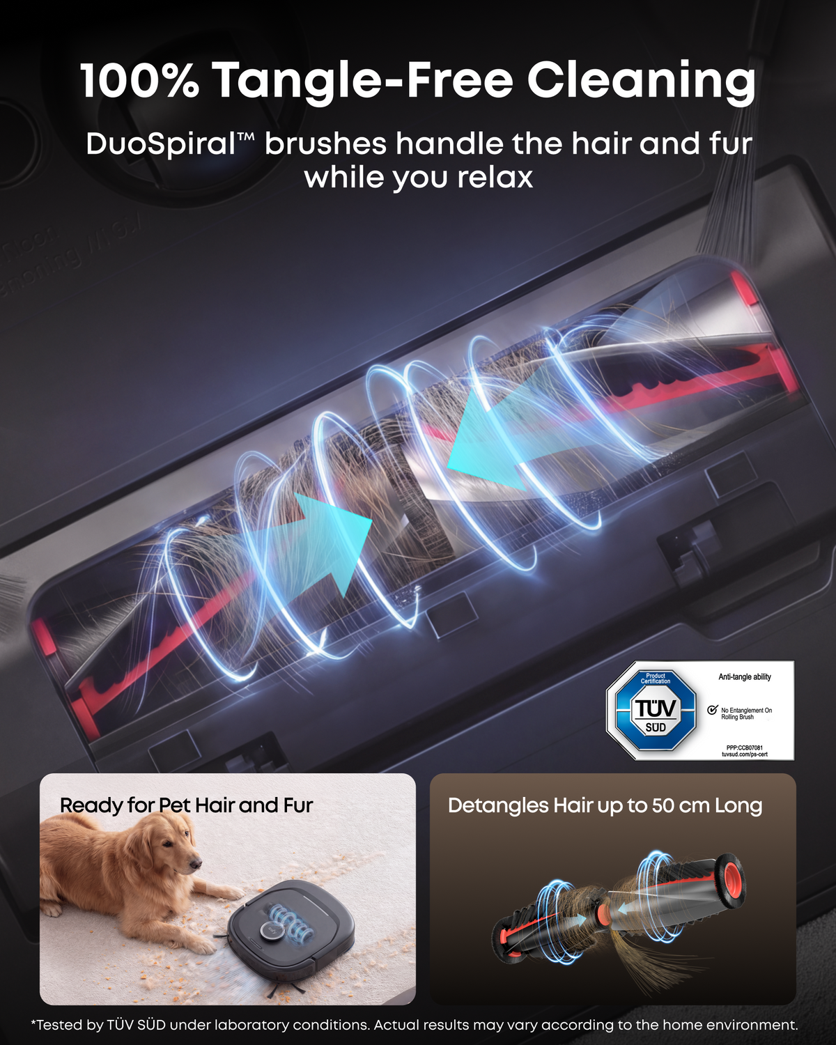 Promotional graphic for a DuoSpiral pet grooming brush, showing a close-up of the brush head with glowing blue airflow lines and hair/fur being cleared. Text reads '100% Tangle-Free Cleaning' and 'DuoSpiral brushes handle the hair and fur while you relax.