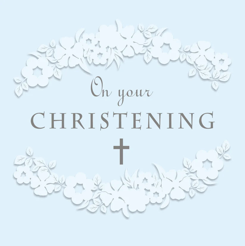 Cardboutique Christening Blue card with white floral border, cross, and "On your Christening" text on blue background.