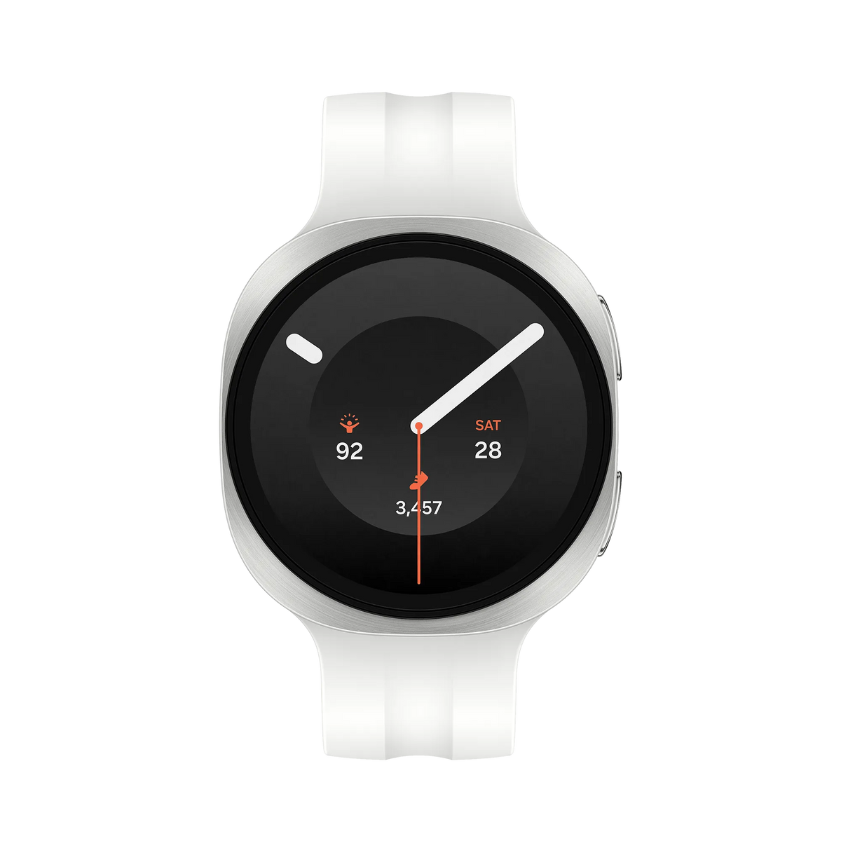 Samsung Watch 9 40mm with cream strap, showing black round digital watch face with white hands and orange details