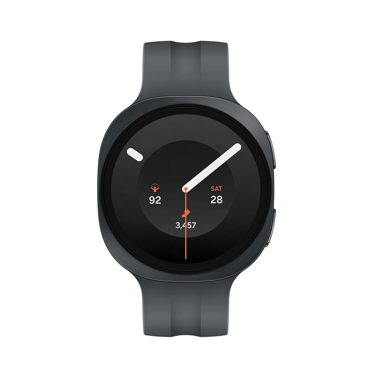 Samsung Watch 9 40mm in graphite showing a round black watch face with white and orange hands and health stats.