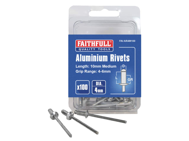 Faithfull 4mm medium aluminium rivets pack with three rivets displayed in front, blue and clear plastic packaging.