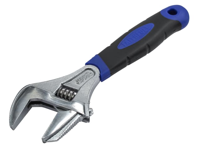 Faithfull 200mm wide-mouth adjustable spanner with blue and black soft-grip handle and serrated jaw