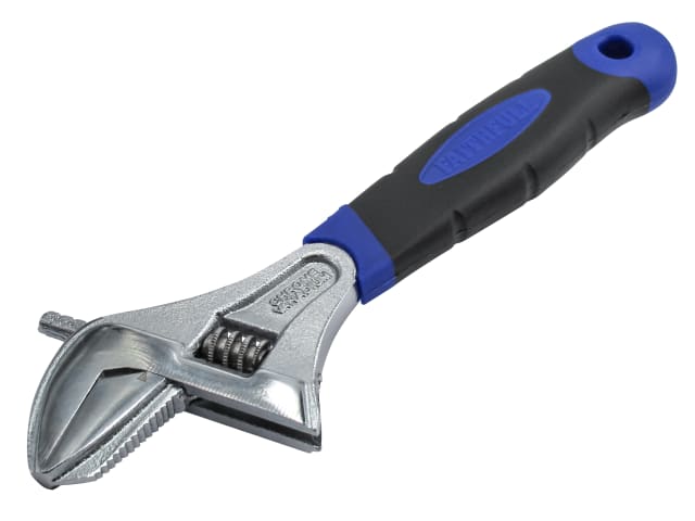 Adjustable spanner with wide mouth and black-blue handle, shown angled on white background.