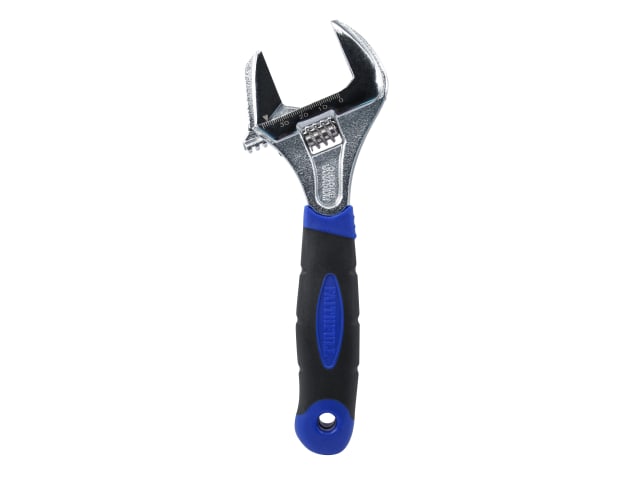 Adjustable spanner with wide mouth, 200mm length, black and blue rubber handle, open jaw showing measurement scale.