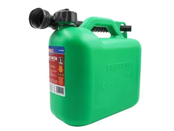 Faithfull 5 litre green plastic fuel can with attached black spout and leak-proof cap, angled view.