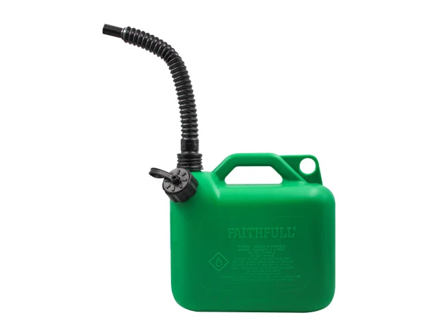 Green 5 litre plastic fuel can with flexible black spout and built-in handle.