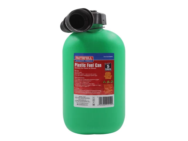 Green 5 litre plastic fuel can with black screw cap and attached flexible spout, front label visible.