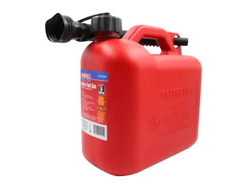 Red 5 litre Faithfull plastic fuel can with attached black spout and leak-proof cap, side label visible.