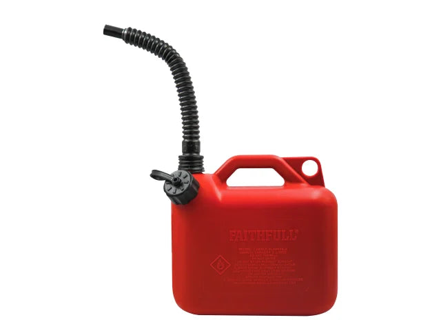 Red 5 litre plastic fuel can with attached flexible black spout and built-in handle.
