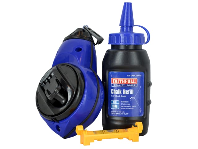 Faithfull Rapid Chalk Line Kit 30m with fast-wind reel, blue chalk, clip-on level, water-resistant case – available at