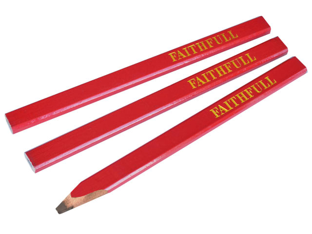 Three red carpenter's pencils with "FAITHFULL" printed in yellow, one sharpened to a flat tip.
