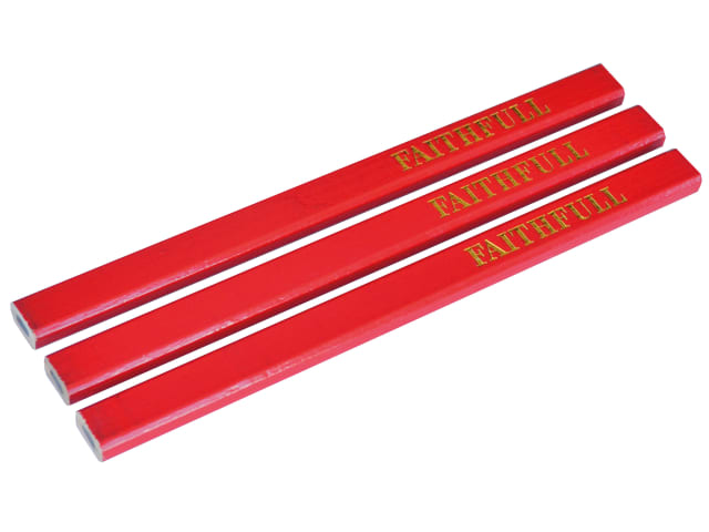 Three red Faithfull carpenter’s pencils with flat rectangular bodies and gold branding.