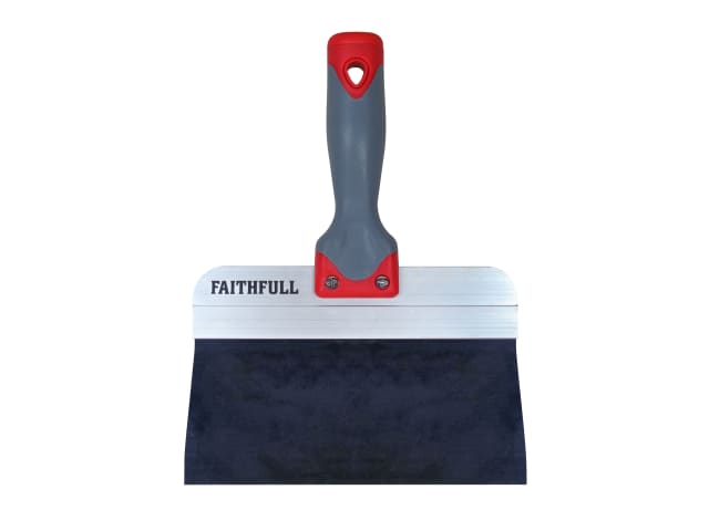 Faithfull drywall taping knife with wide flexible blade and ergonomic gray handle with red accents.