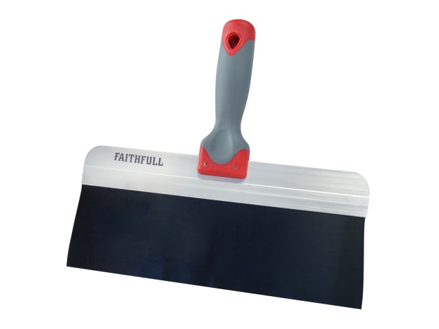 Faithfull drywall taping knife with wide blue steel blade and gray handle with red accents, front view.