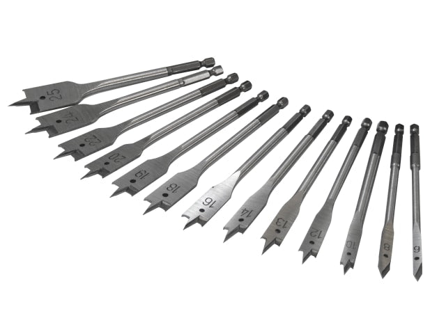 13 flat drill bits in various sizes, arranged in a row on a white background