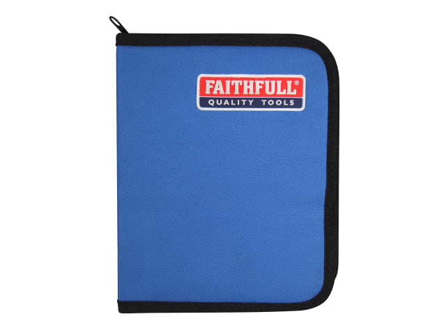 Blue zippered fabric case with Faithfull logo, closed, for 13-piece flat bit set.