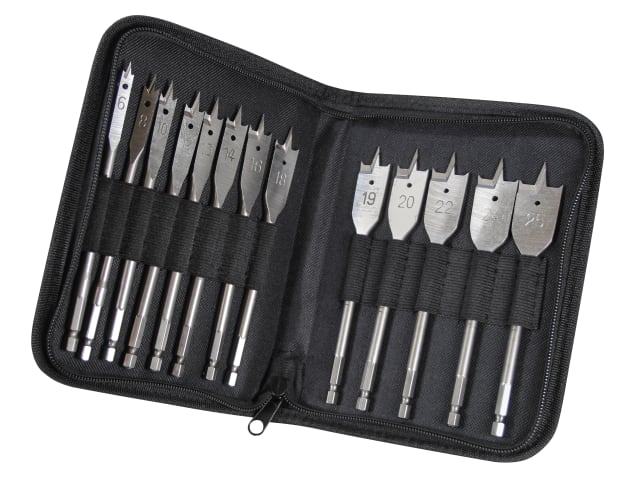 Flat Bit Set – 13 metal flat drill bits in a black zippered fabric case, sizes marked on each bit.