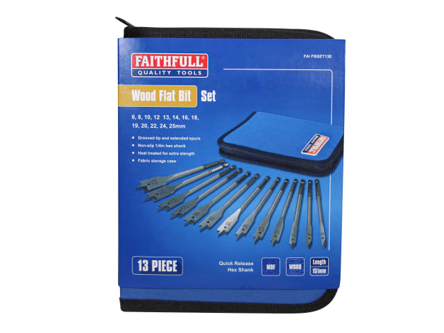 Blue fabric case with 13 flat wood drill bits arranged in a row, sizes 6 to 25mm, Faithfull brand.