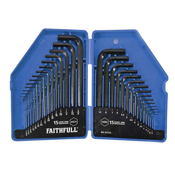 Faithfull 30-piece hex key set, metric & imperial sizes, durable chrome vanadium steel, available at Kean’s Claremorris. –
