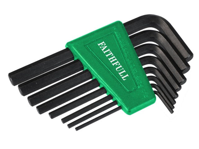 Faithfull 8-piece short-arm hex key set in a green plastic holder, arranged by size.