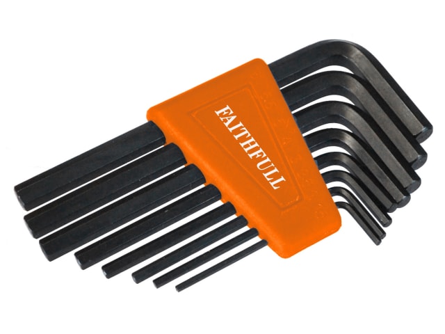 Faithfull 8-piece metric short-arm hex key set in black steel with orange holder labeled Faithfull.