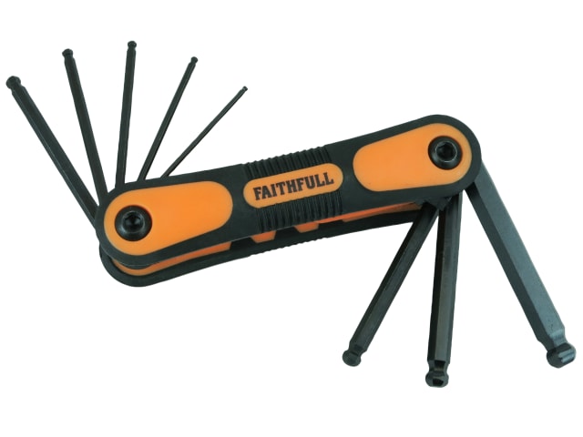 Faithfull Folding Hex Key Set with eight black ball-end metric keys fanned out from an orange and black soft-grip handle.
