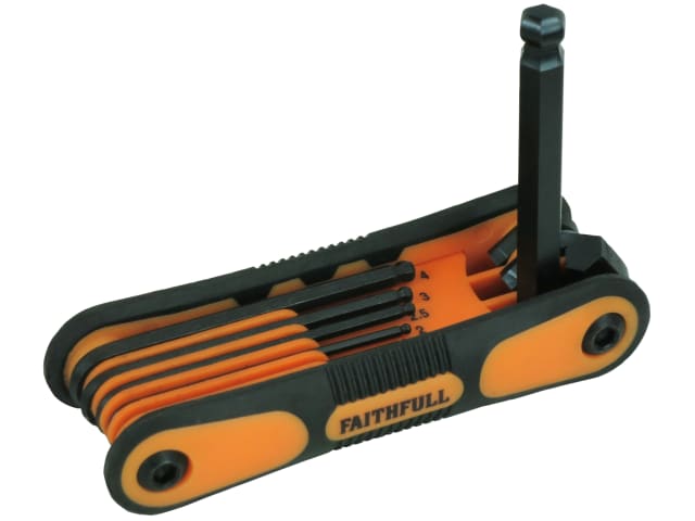 Folding Hex Key Set of 8 metric ball end keys with black and orange handle, one key extended upright