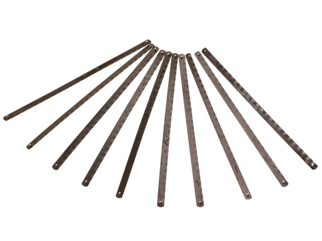 Ten Faithfull junior hacksaw blades fanned out, showing teeth and mounting holes.