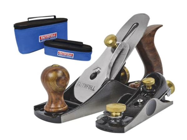 Faithfull No.4 smoothing and No.60 1/2 block plane set with wooden handles, brass fittings, canvas bags – Kean’s